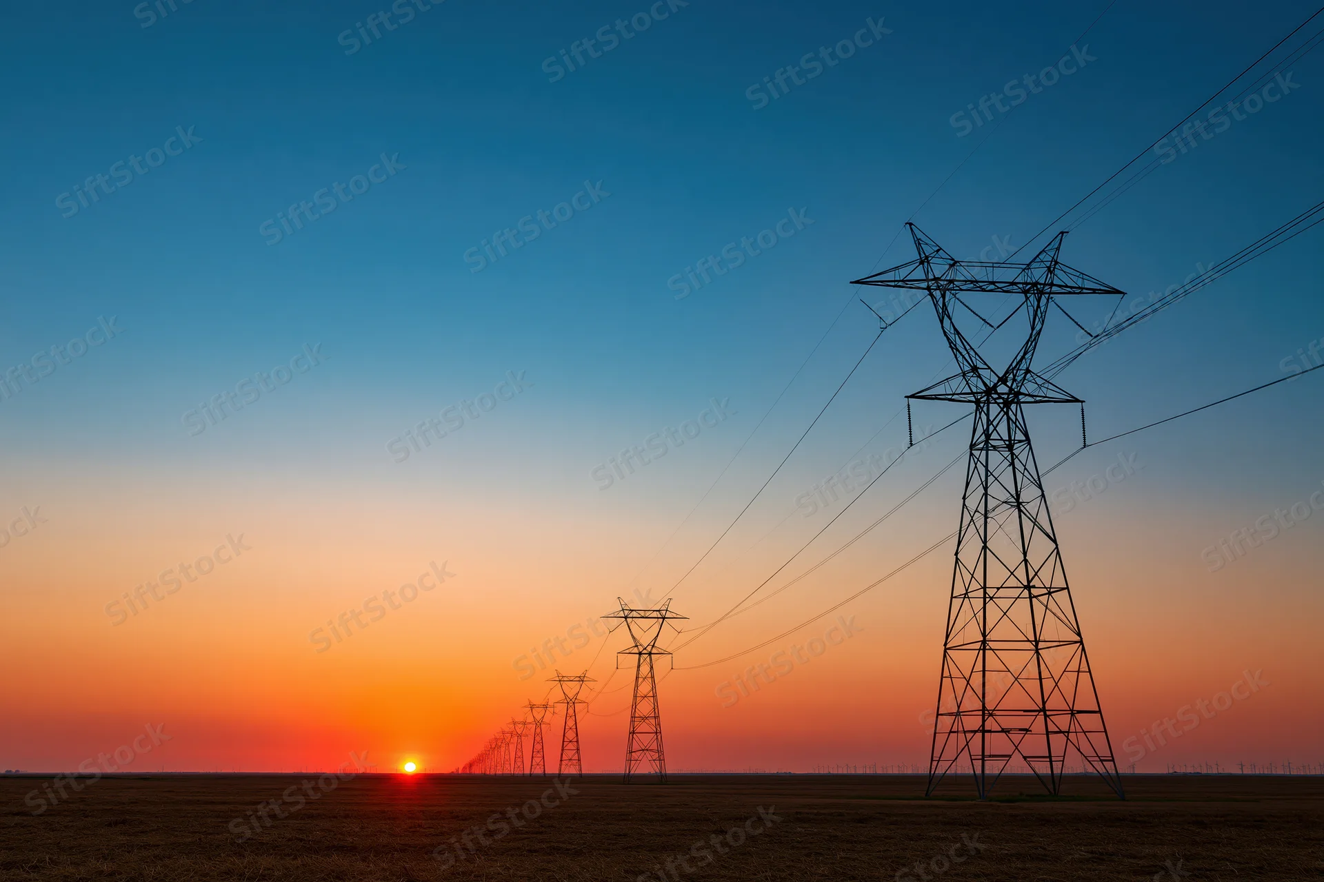 Row of high-voltage electricity transmission towers silhouetted against a sunset sky over a flat rural field