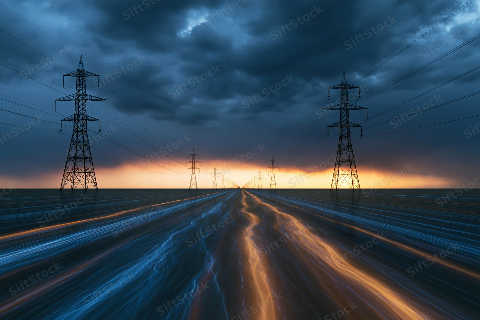 Row of high-voltage transmission towers stretching into the horizon over a reflective water surface at twilight