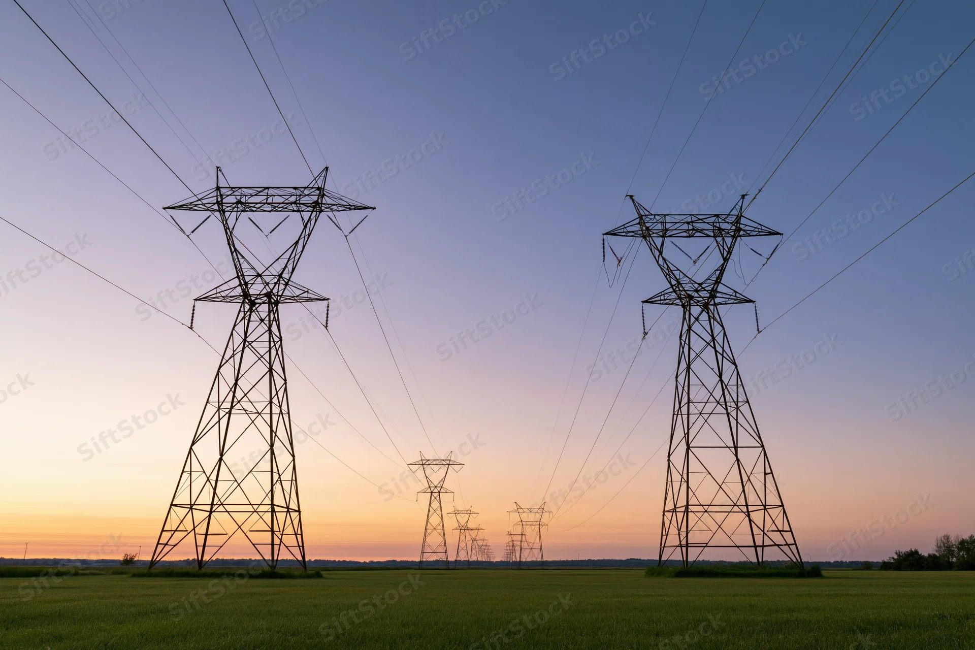Row of high-voltage electricity transmission towers stretching across a rural field at sunset