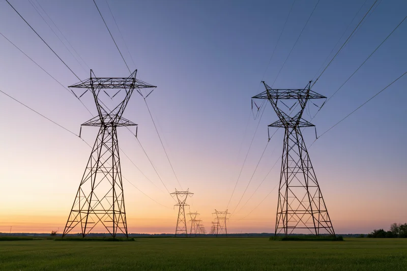 Row of high-voltage electricity transmission towers stretching across a rural field at sunset