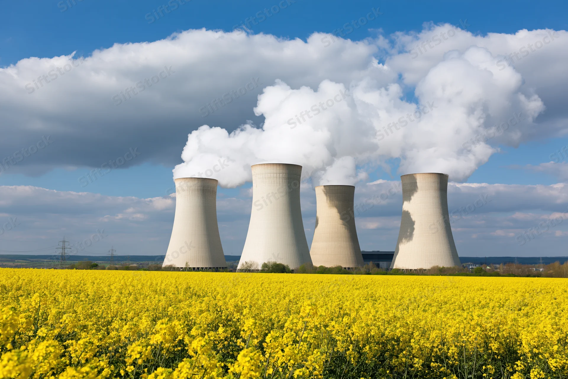 Row of concrete cooling towers emitting steam at a nuclear power plant in a field of yellow canola flowers under a blue sky with clouds