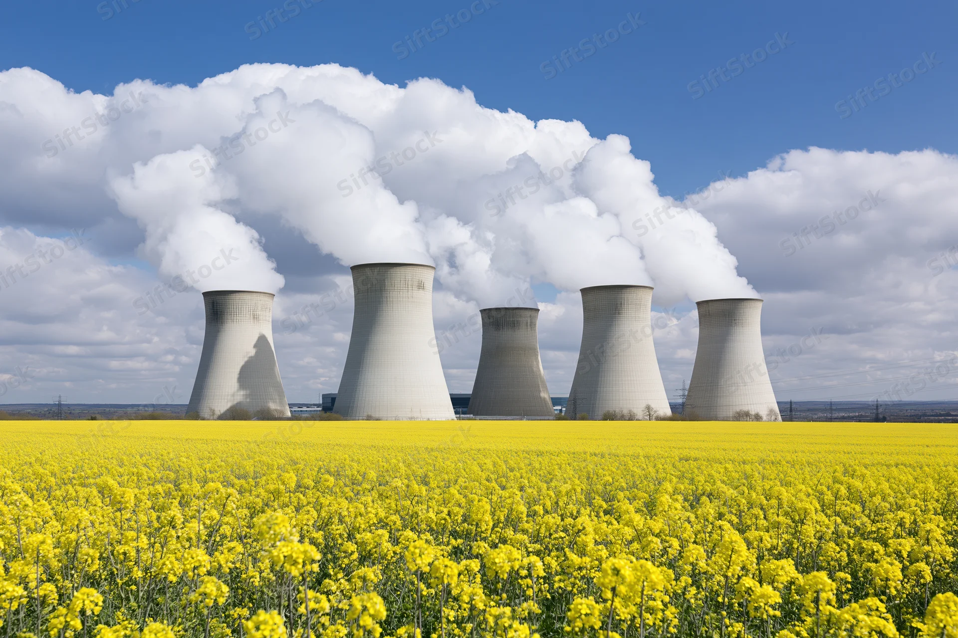 Row of concrete cooling towers emitting steam at a nuclear power plant in front of a yellow canola field