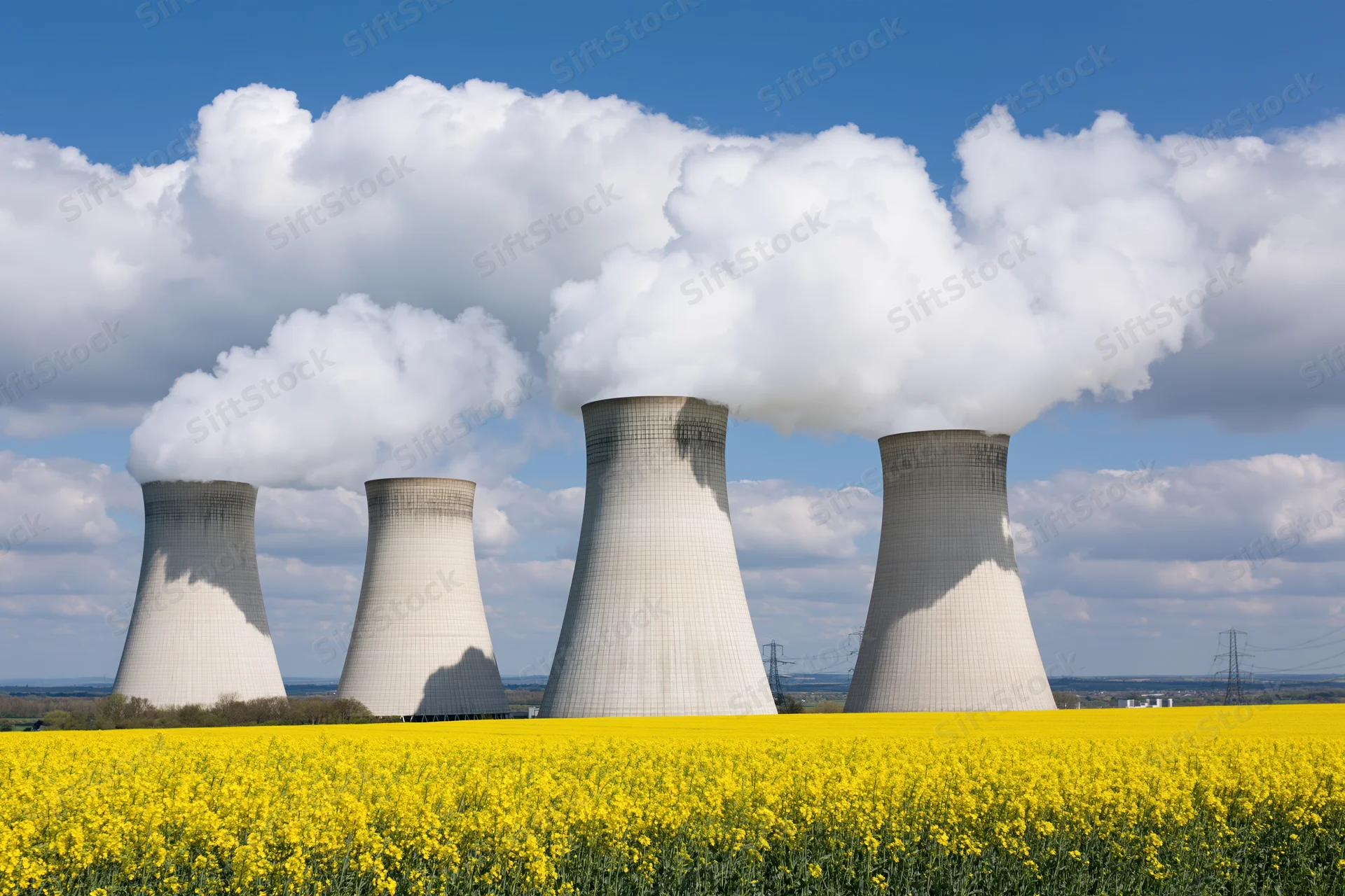 Row of concrete cooling towers emitting steam at a nuclear power plant in a field of yellow canola flowers