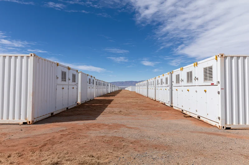 Row of white industrial battery energy storage containers aligned in a desert outdoor facility under a clear blue sky