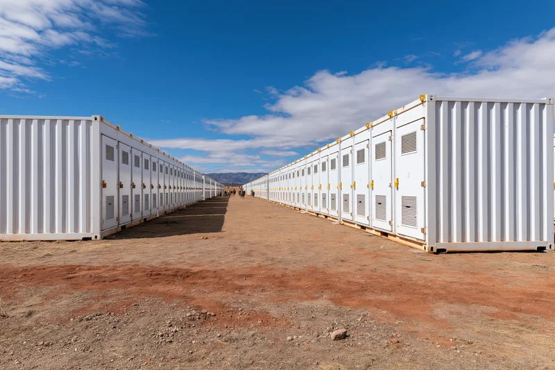 Row of white industrial battery energy storage containers arranged outdoors on dirt ground under blue sky