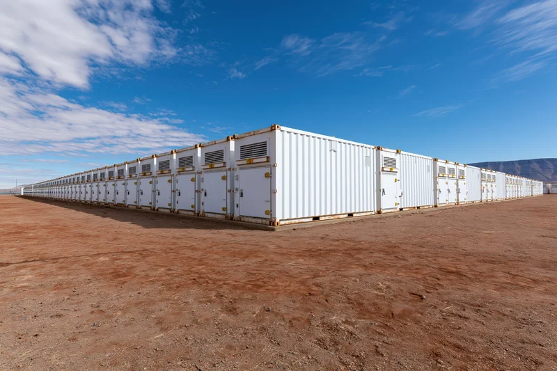 Row of white industrial battery energy storage containers arranged in a line on a dirt field under a blue sky