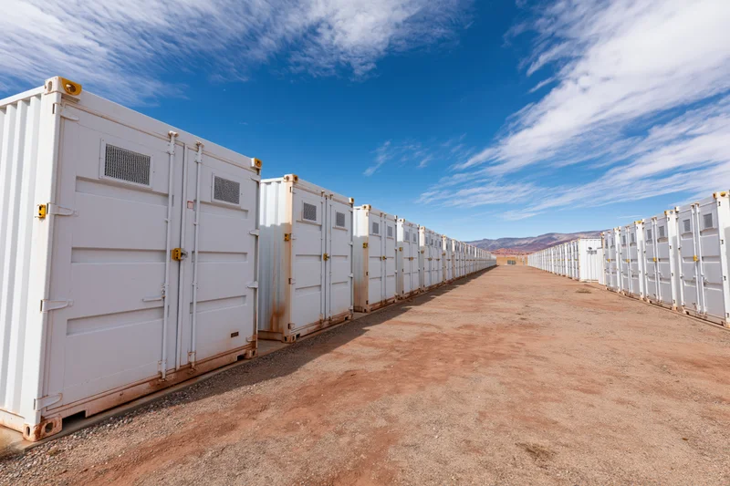 Row of white industrial battery energy storage containers aligned in a desert outdoor facility under a blue sky