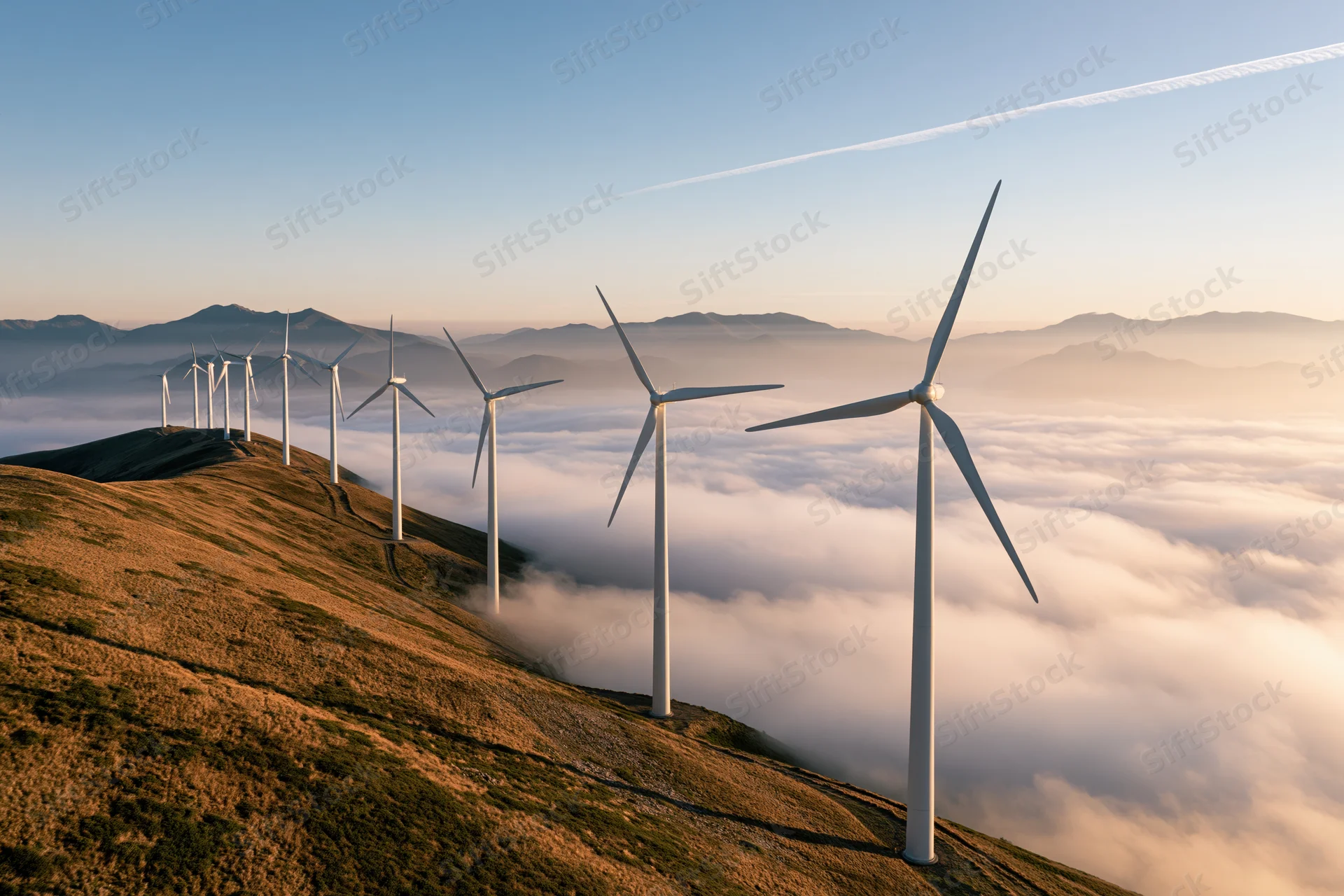 Row of white wind turbines on mountain ridge above cloud layer at sunrise