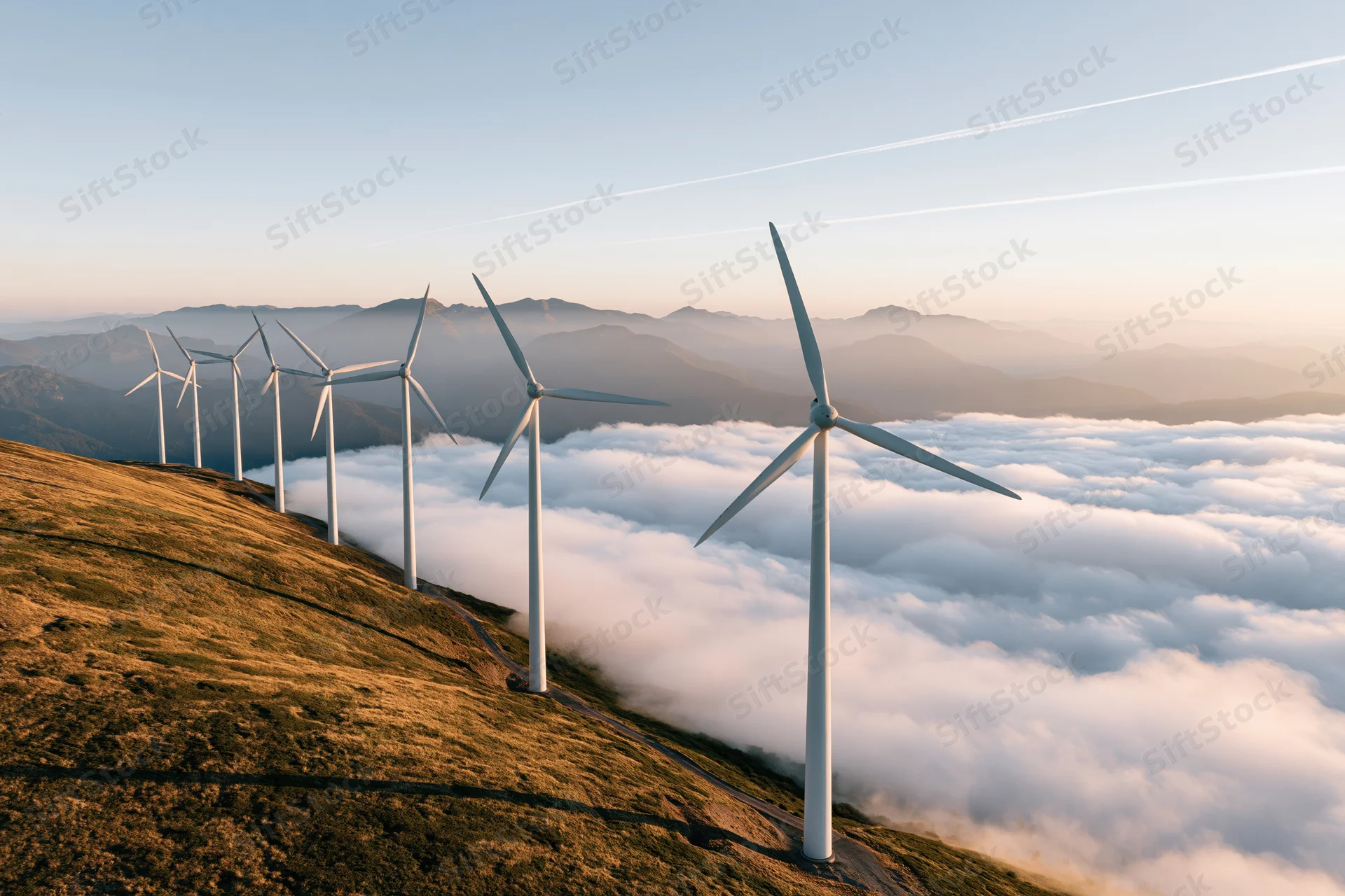 Row of white wind turbines on mountain ridge above cloud layer at sunrise