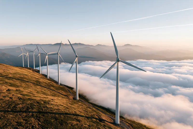 Row of white wind turbines on mountain ridge above cloud layer at sunrise