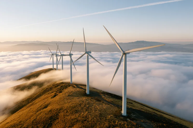 Row of white wind turbines on mountain ridge above cloud layer at sunrise