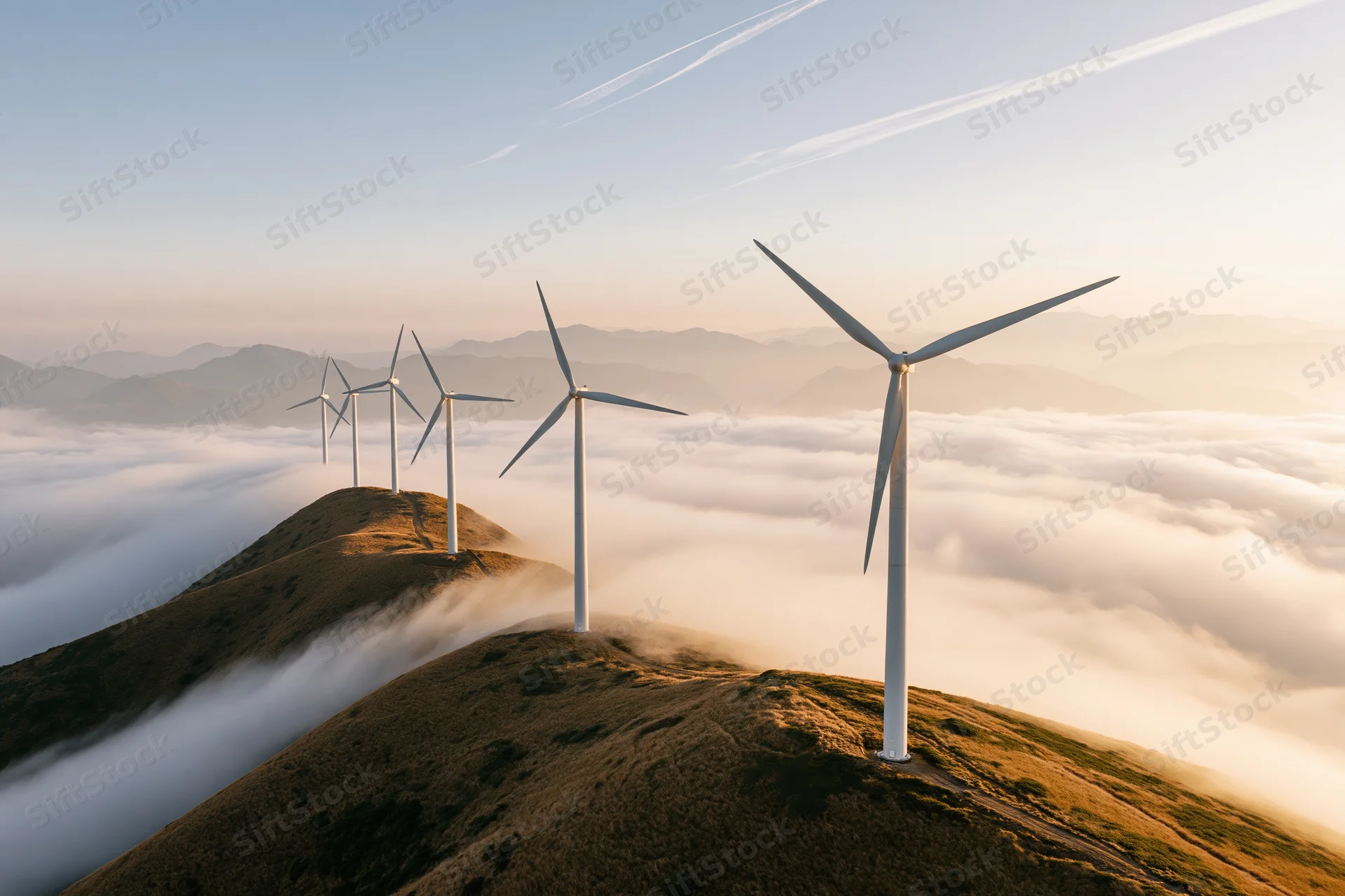Row of white wind turbines standing on mountain ridge above clouds at sunrise