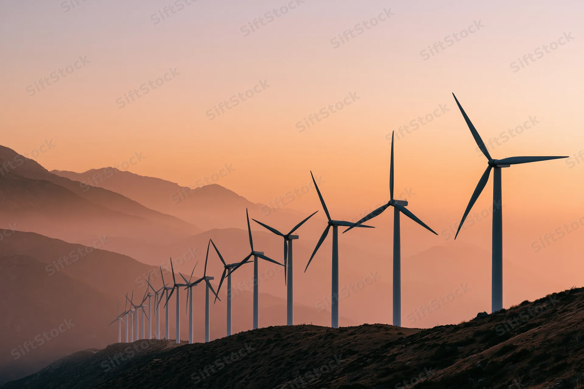 Row of wind turbines silhouetted on a mountain ridgeline at sunset