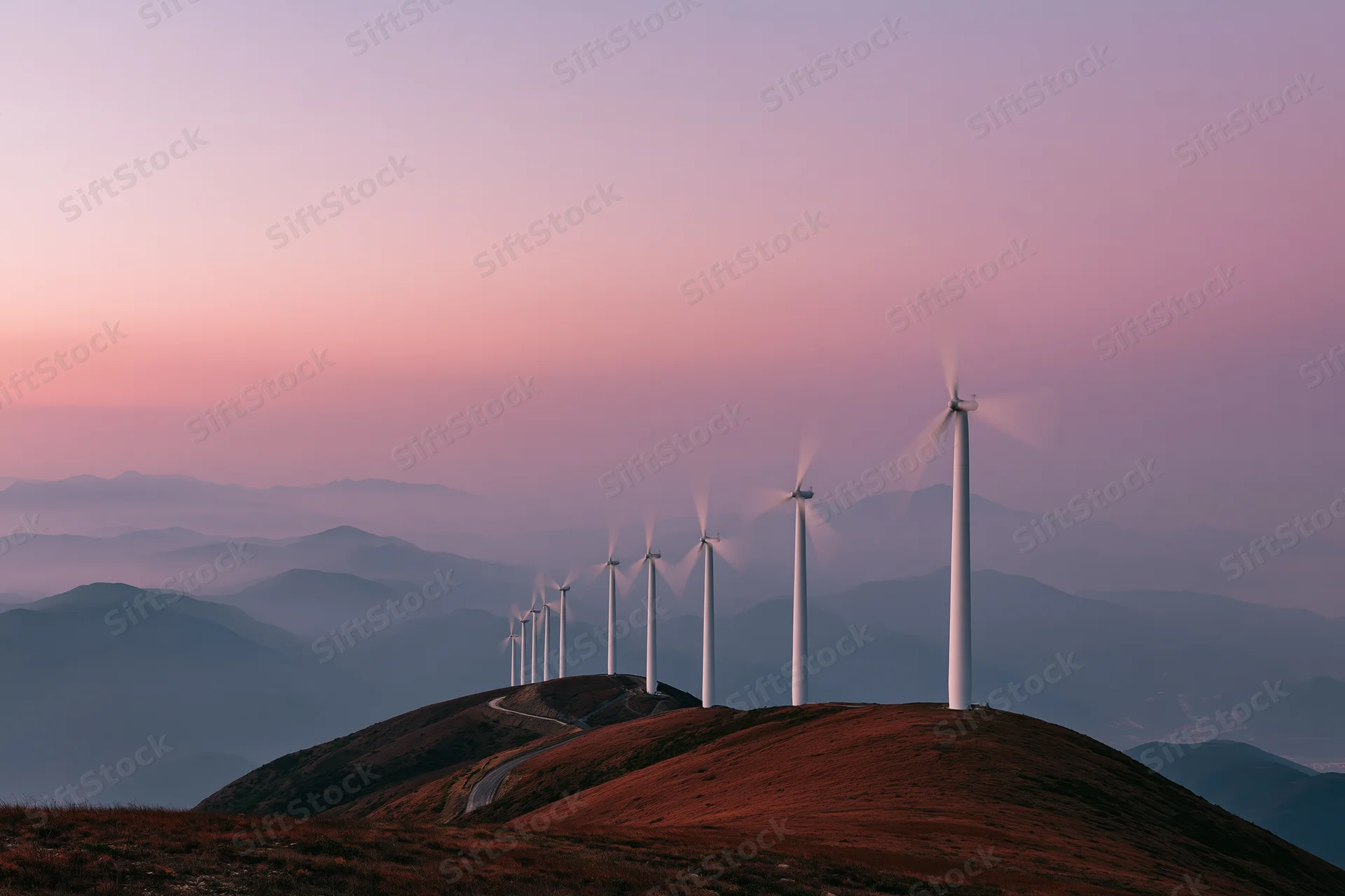 Row of wind turbines along a mountain ridge at dusk