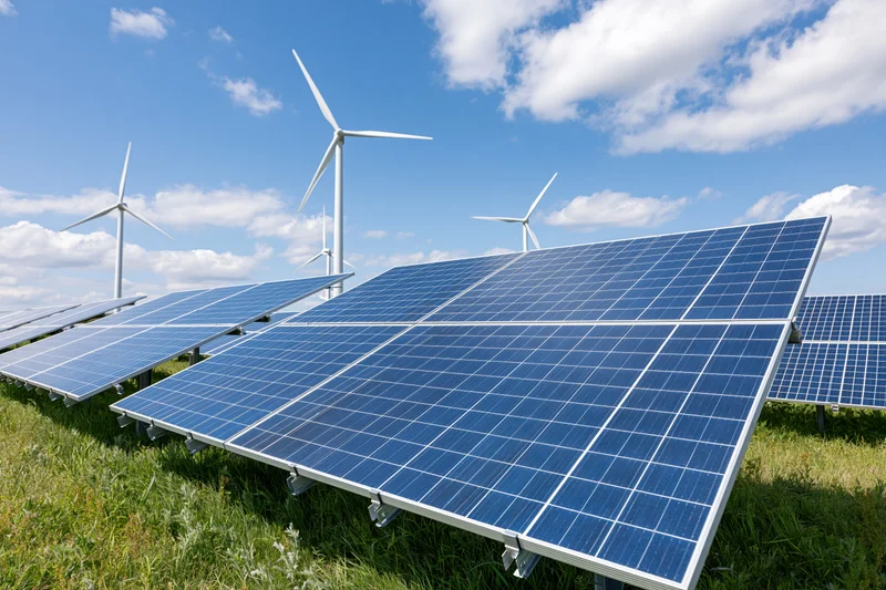 Rows of blue photovoltaic solar panels installed in a green field with wind turbines under a blue sky