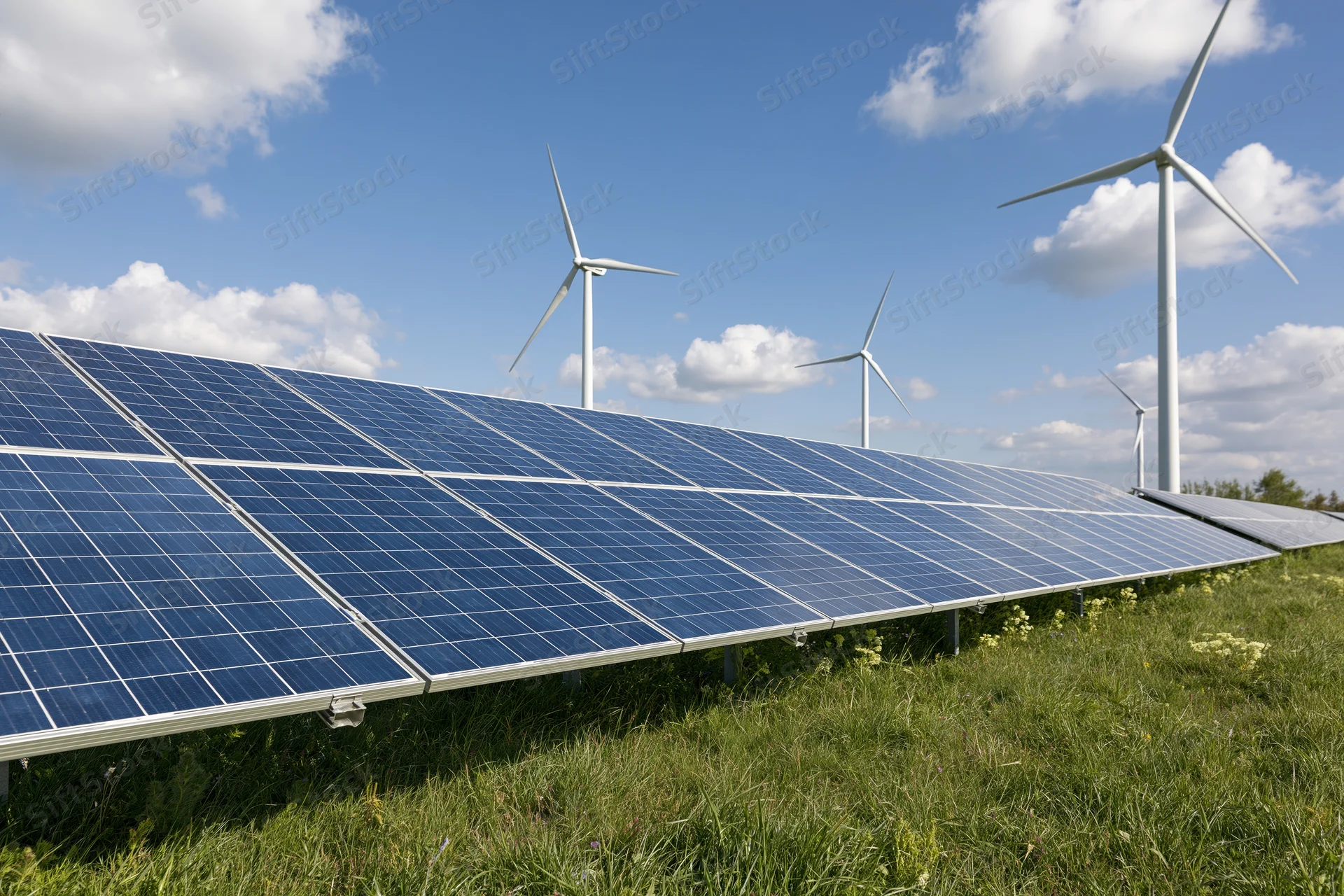 Rows of blue photovoltaic solar panels installed in a green field with wind turbines in the background under a blue sky with clouds