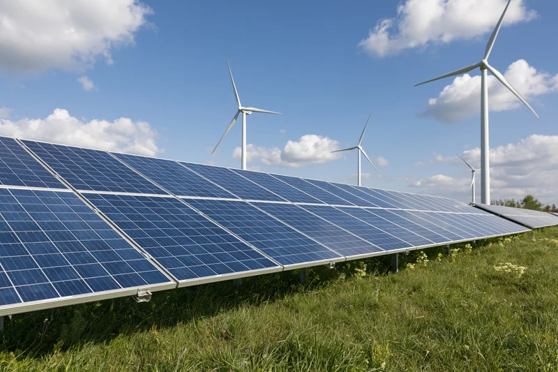 Rows of blue photovoltaic solar panels installed in a green field with wind turbines in the background under a blue sky with clouds