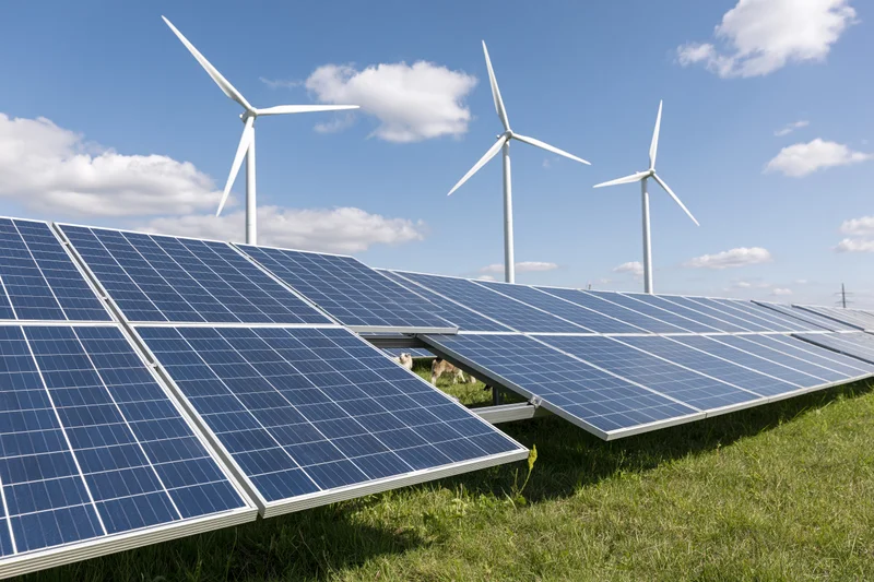 Rows of blue photovoltaic solar panels installed in a green field with wind turbines in the background under a blue sky with clouds