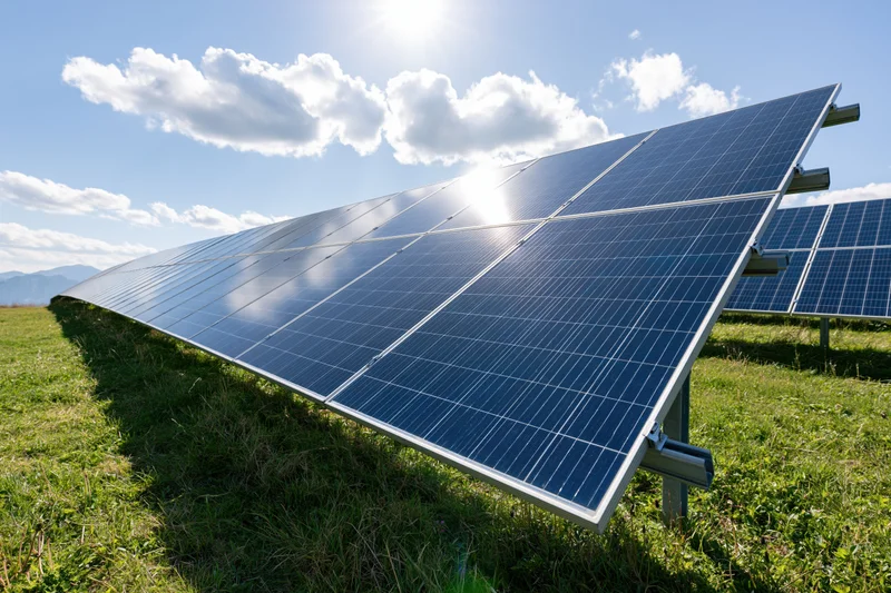 Rows of blue photovoltaic solar panels installed on a grassy field under a sunny sky