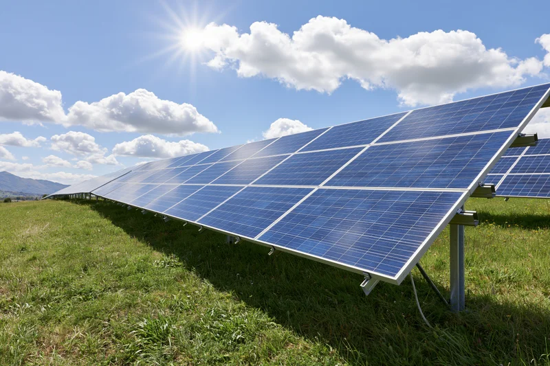 Rows of blue photovoltaic solar panels installed on a grassy field under a bright sunlit sky