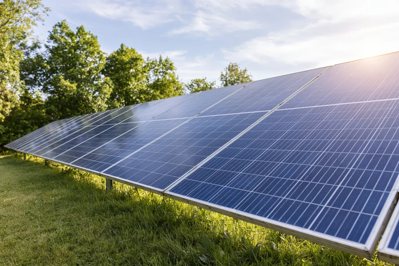 Rows of blue photovoltaic solar panels installed on green grass in a rural field under a clear blue sky
