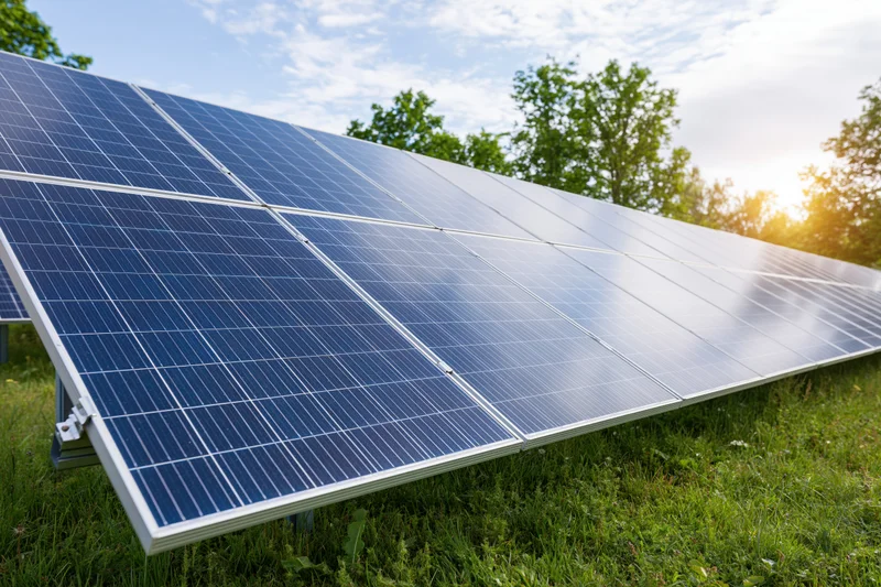 Rows of blue photovoltaic solar panels installed on green grass in a field under a partly cloudy sky with trees in the background