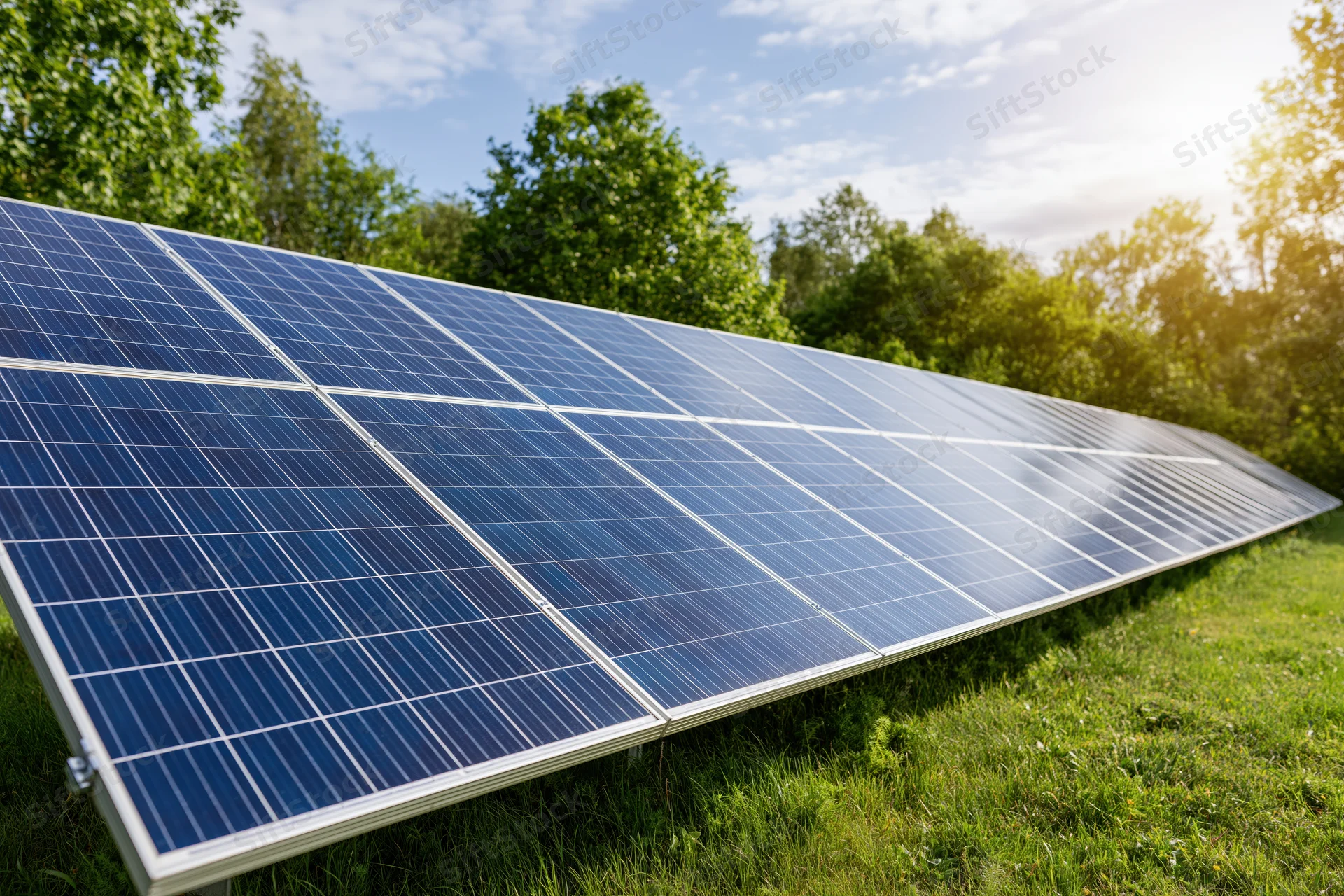 Rows of blue photovoltaic solar panels installed on green grass in a rural field under a blue sky with trees in the background