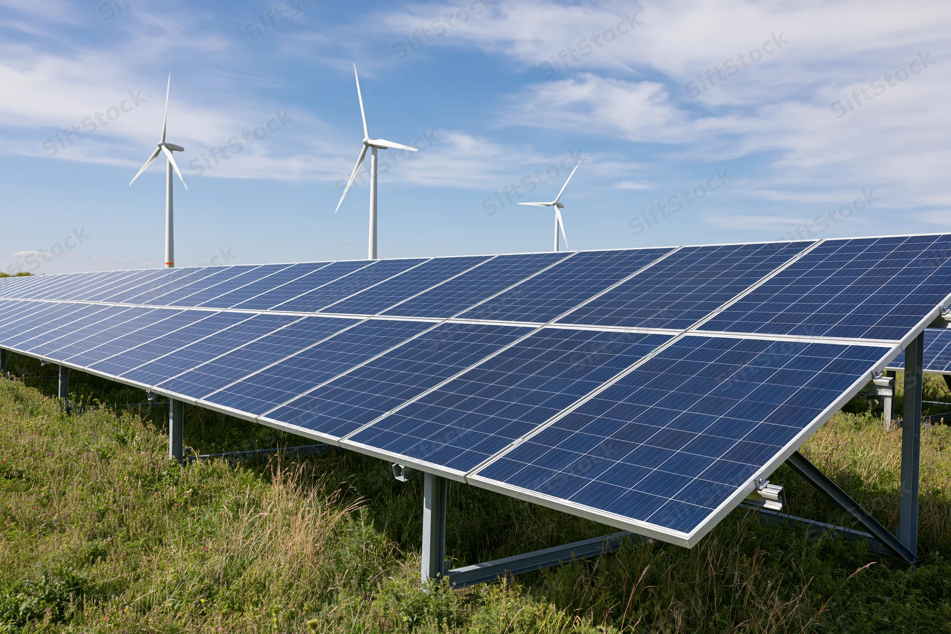 Rows of blue photovoltaic solar panels mounted on metal frames in a grassy field with wind turbines in the background under a blue sky