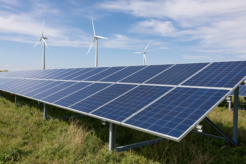 Rows of blue photovoltaic solar panels mounted on metal frames in a grassy field with wind turbines in the background under a blue sky