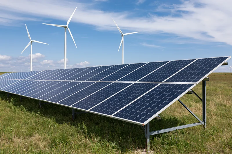Rows of blue photovoltaic solar panels mounted on metal frame in a grassy field with wind turbines in the background under a blue sky