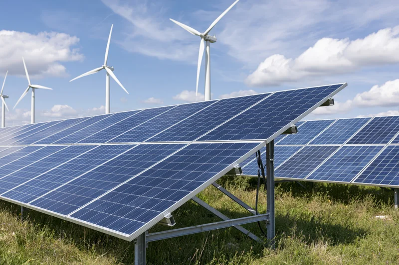 Rows of blue photovoltaic solar panels mounted on metal frames in a grassy field with wind turbines in the background under a partly cloudy sky