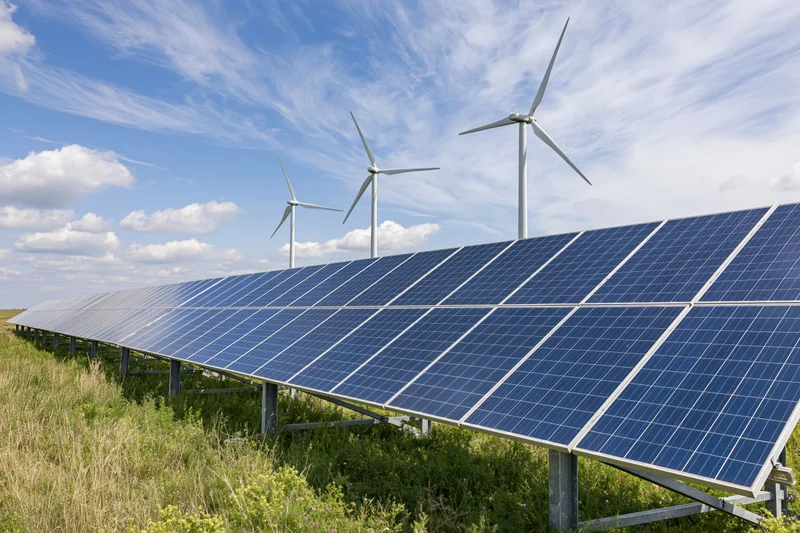 Rows of blue photovoltaic solar panels mounted on metal frame in a grassy field under a blue sky with wind turbines in the background
