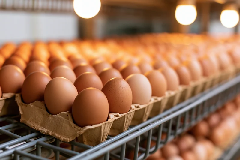 Rows of brown chicken eggs in cardboard trays on a conveyor belt in a processing facility