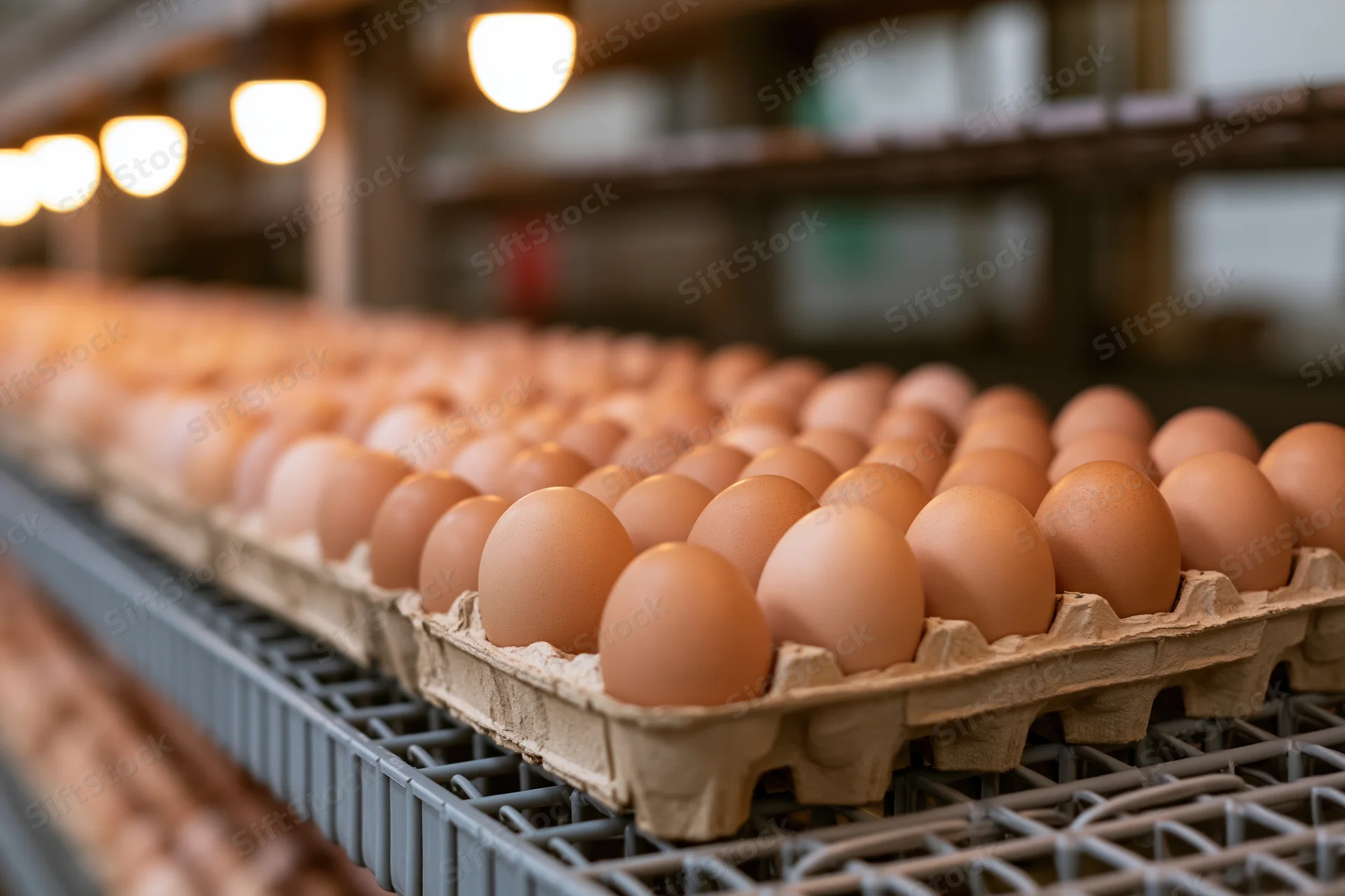 Rows of brown chicken eggs in cardboard trays arranged on a conveyor system in a farm production facility