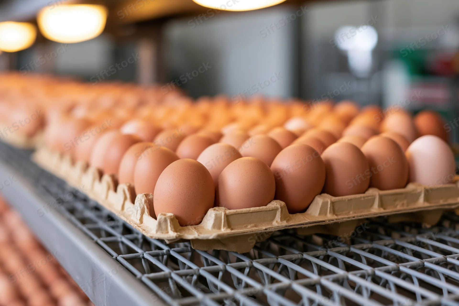 Rows of brown chicken eggs arranged in cardboard trays on a metal grid rack in a processing facility