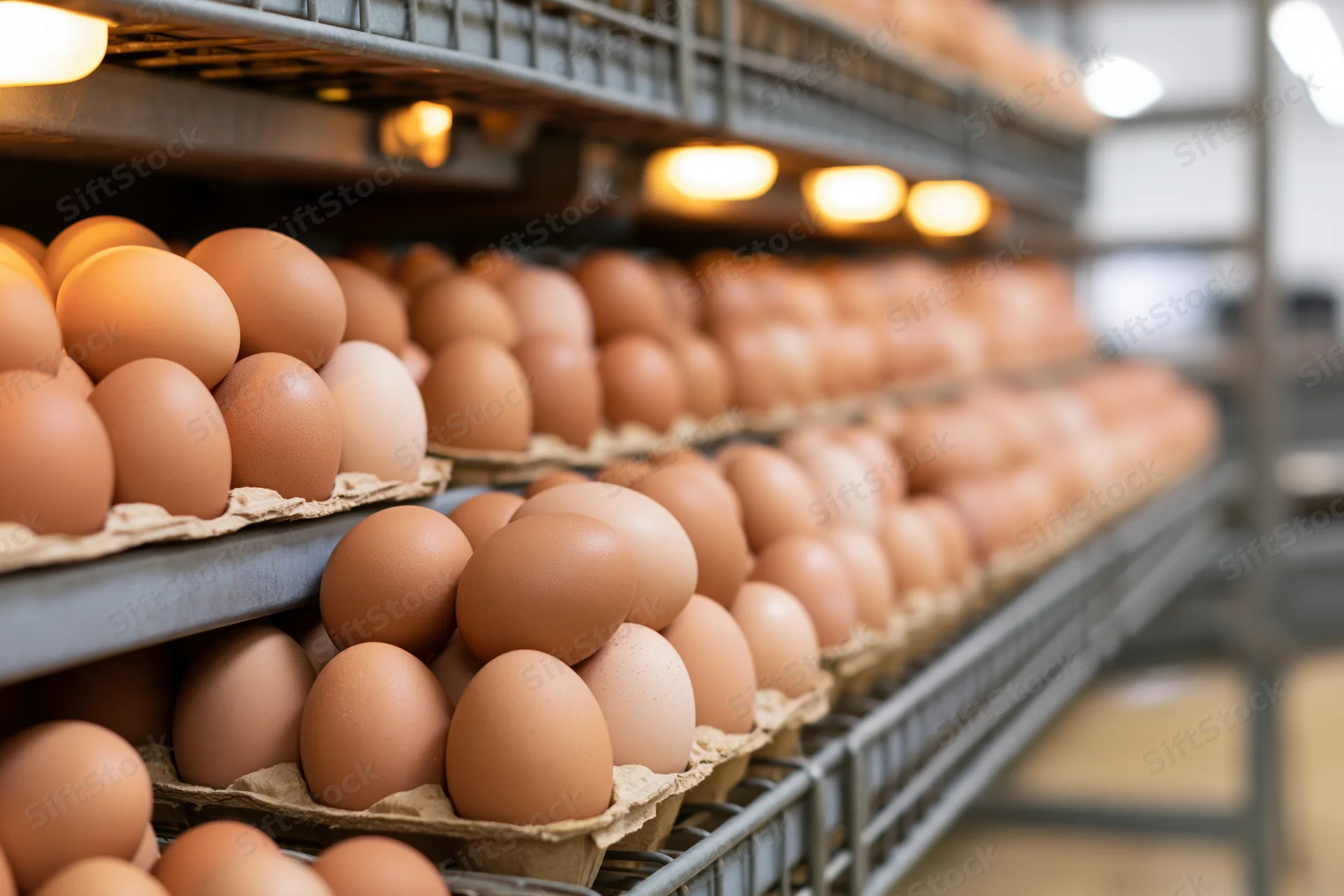 Rows of brown chicken eggs arranged in cardboard trays on metal shelves in a storage facility