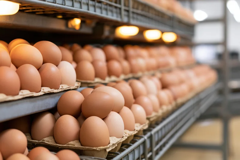 Rows of brown chicken eggs arranged in cardboard trays on metal shelves in a storage facility