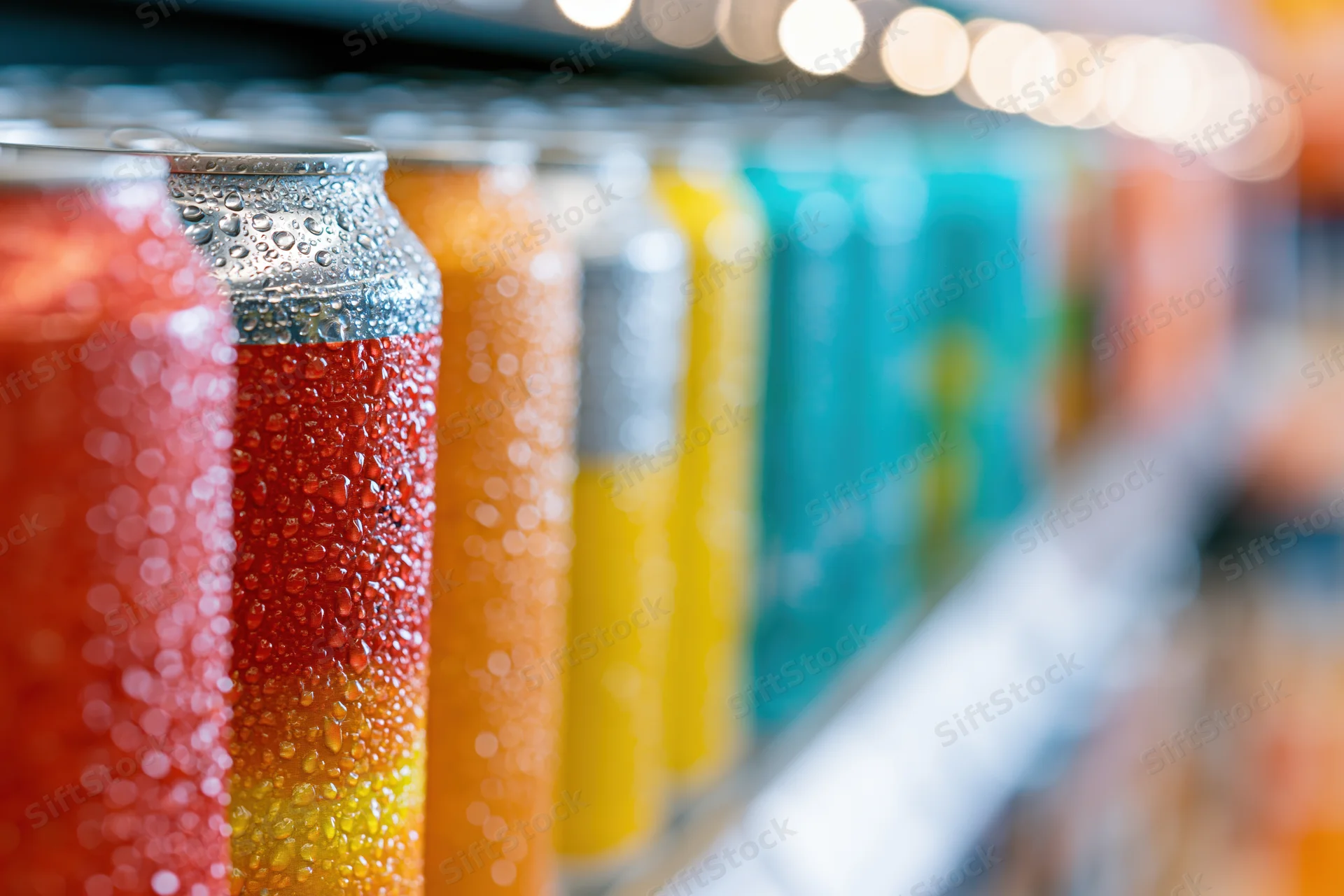 Rows of cold aluminum beverage cans lined up on a refrigerated shelf in a store