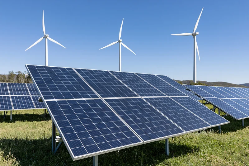 Rows of dark blue solar panels installed on green grass with wind turbines in the background under a clear blue sky