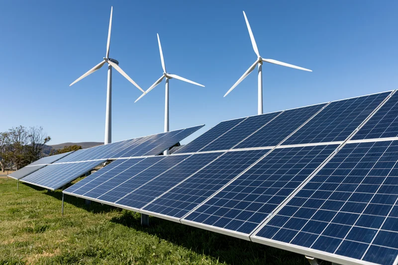Rows of dark blue solar panels installed on green grass with wind turbines in the background under a clear blue sky