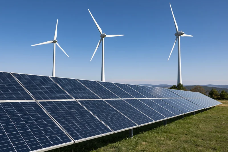 Rows of dark blue solar panels installed on green grass with wind turbines in the background under a clear blue sky