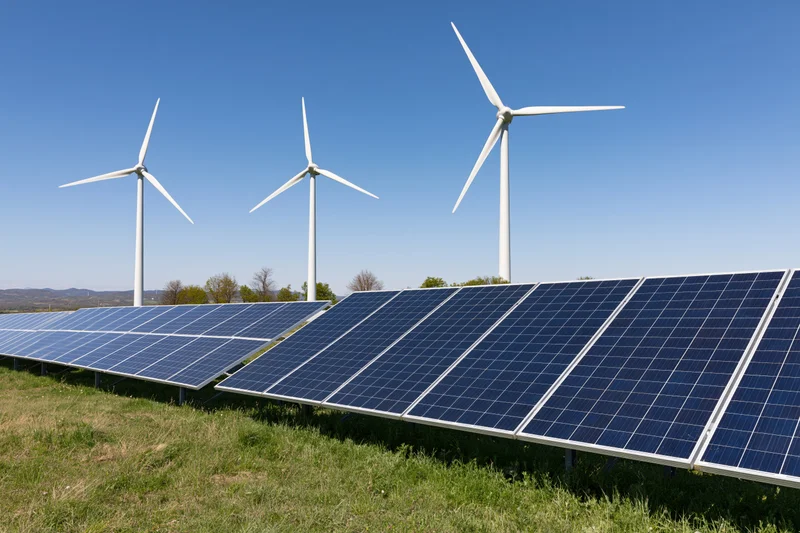 Rows of dark blue solar panels installed on green grass with wind turbines in the background under a clear blue sky