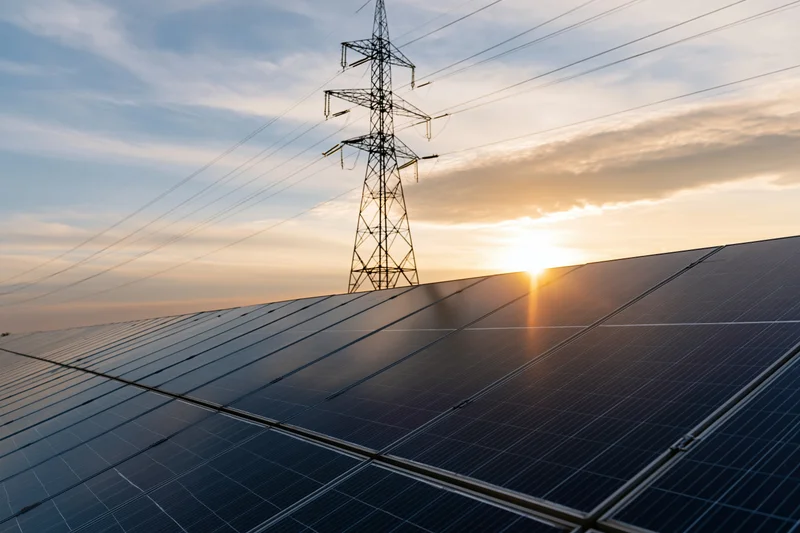 Rows of dark blue solar panels stretching across a field with a transmission tower and power lines against a sunset sky