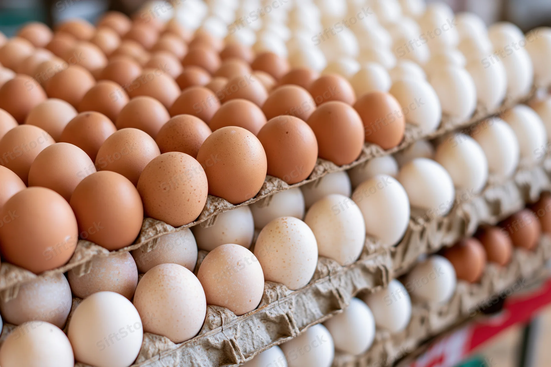 Rows of fresh chicken eggs stacked in cardboard trays at a market