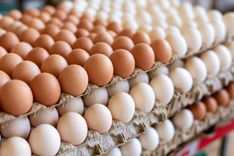 Rows of fresh chicken eggs stacked in cardboard trays at a market