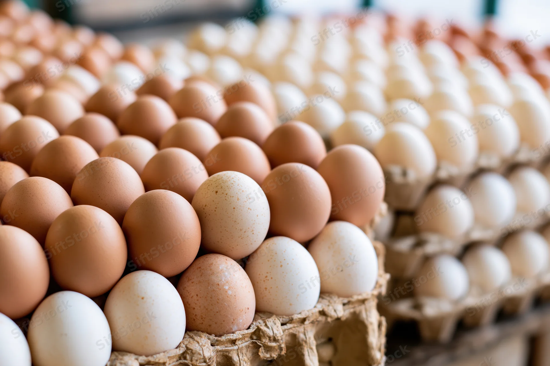 Rows of fresh chicken eggs stacked in cardboard trays at a farm or market display