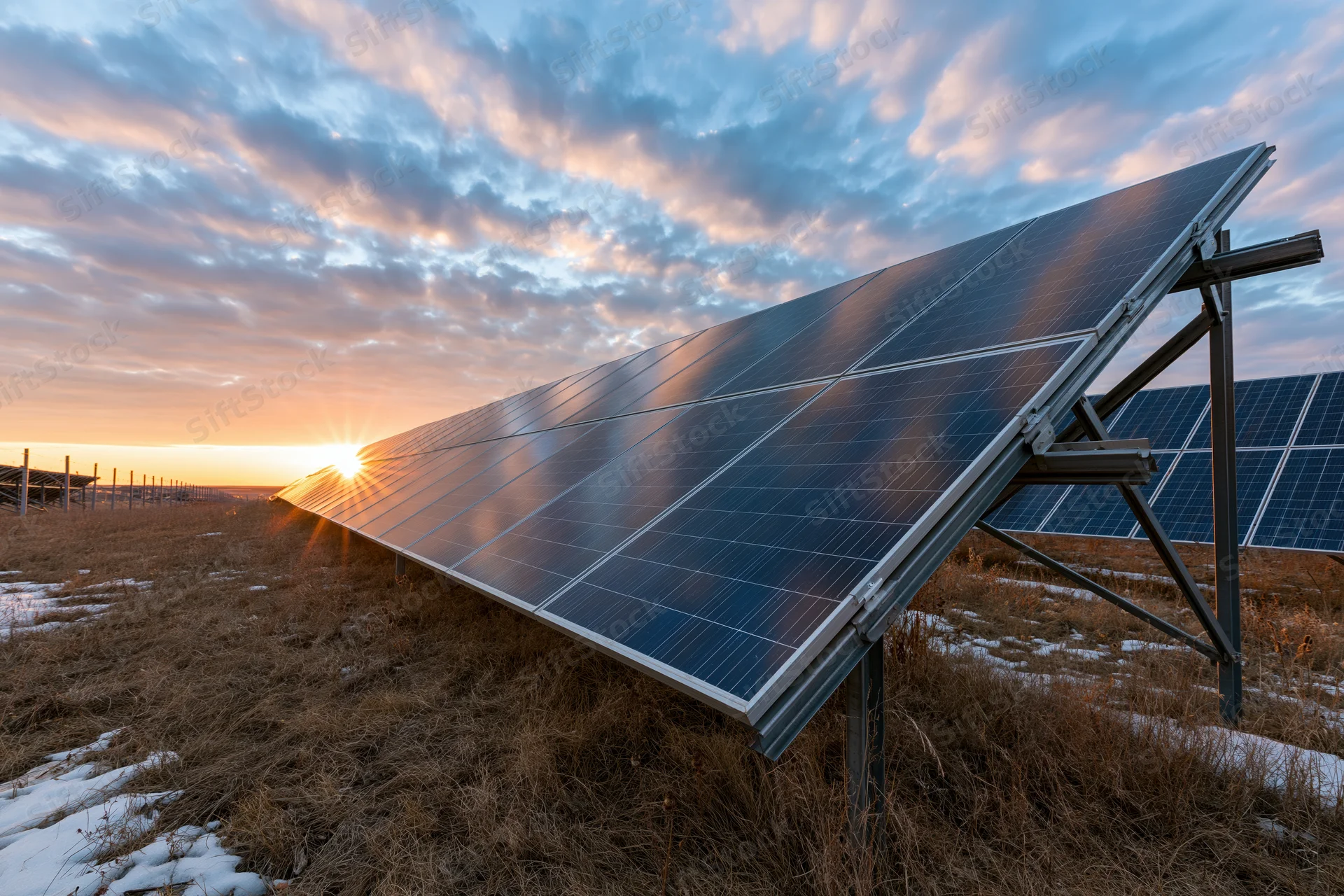 Ground-mounted solar panels arranged in rows on a rural field at sunset with snow patches and dry grass under a cloudy sky