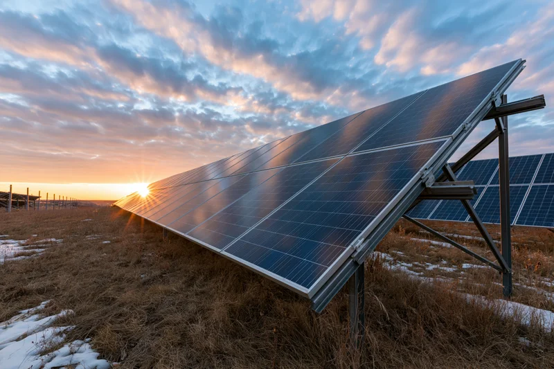 Ground-mounted solar panels arranged in rows on a rural field at sunset with snow patches and dry grass under a cloudy sky