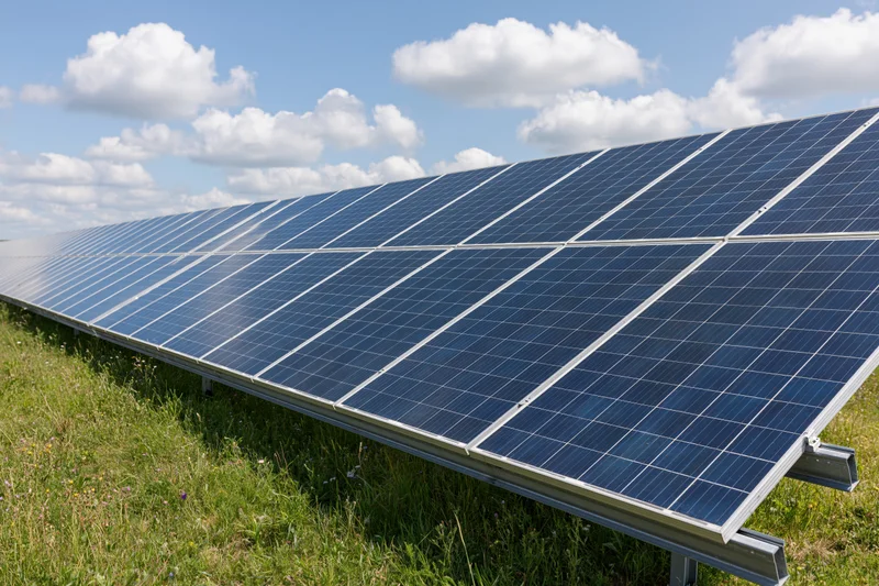Rows of ground-mounted solar panels stretching across a green field under a blue sky with white clouds