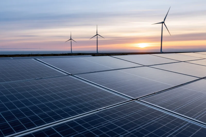 Rows of solar panels in foreground with wind turbines on horizon at sunset